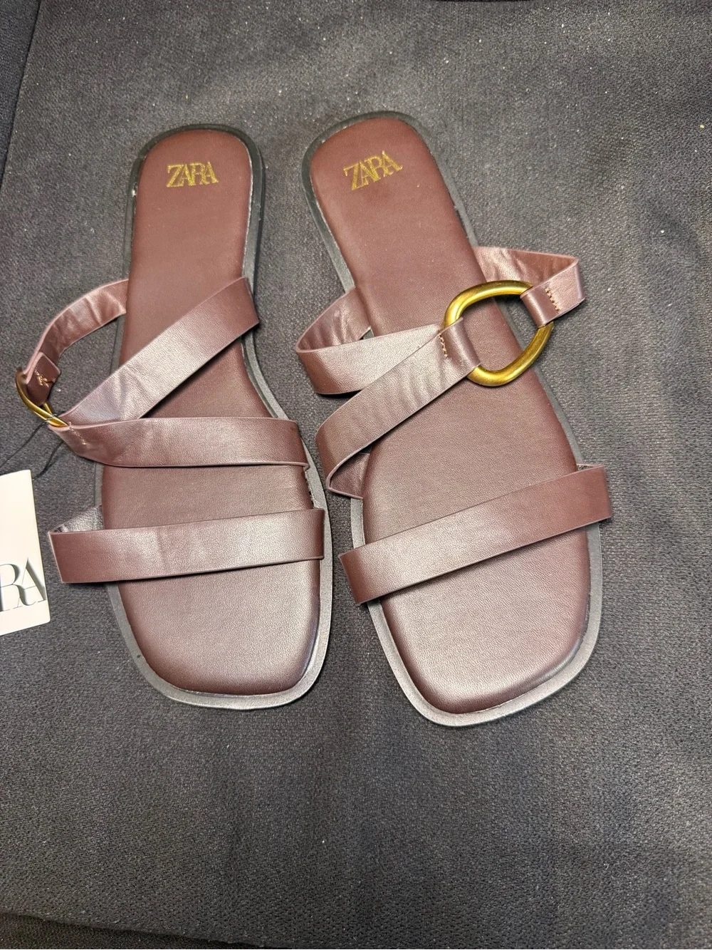 Zara Brown Leather-Look Slide Sandals with Gold Ring